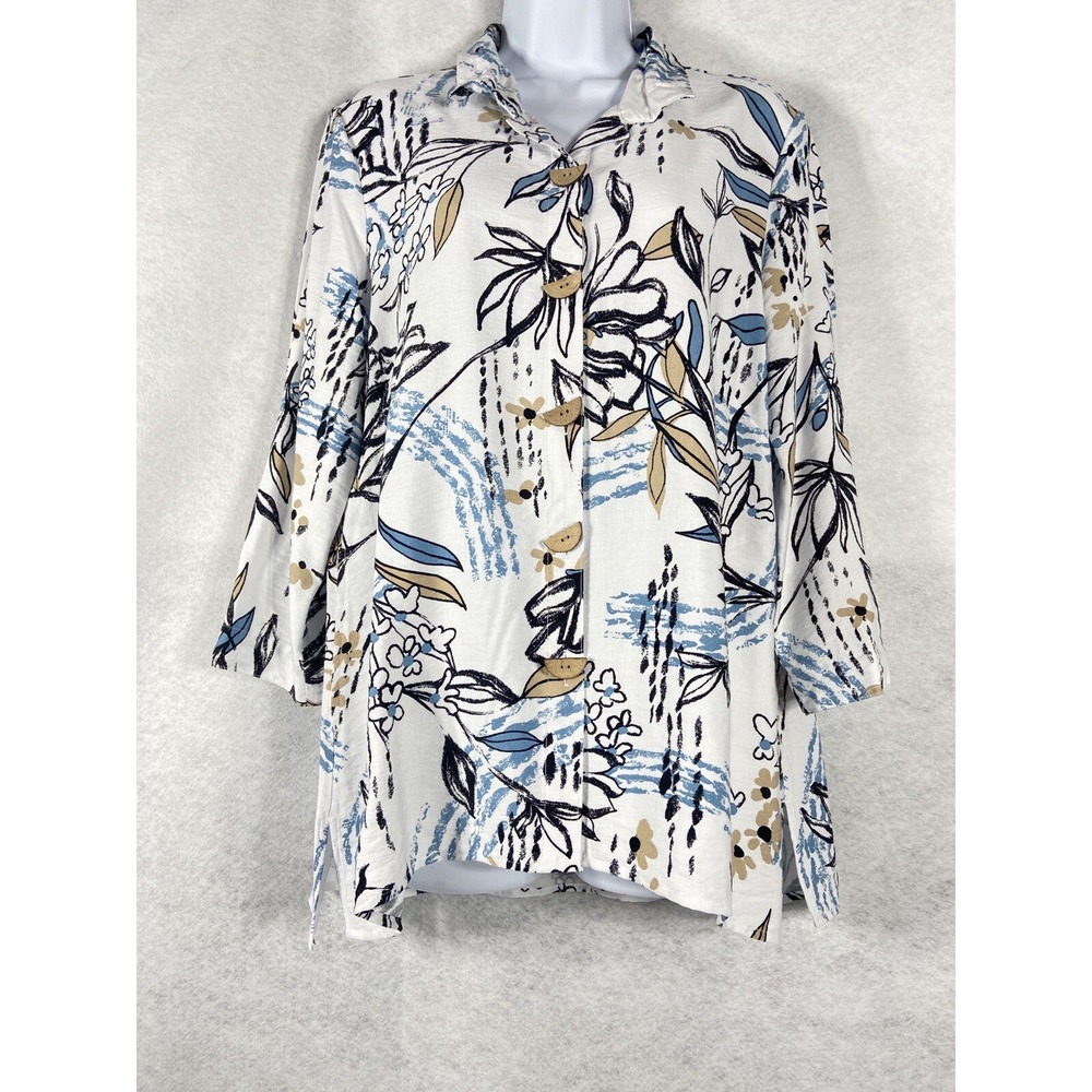 Ali Miles Top Women's Small White 3/4 Sleeve Tunic Lagenlook Art Artsy Floral